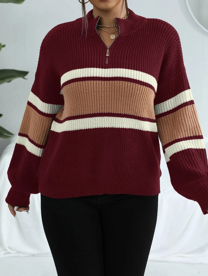 Colorblock Half Zip Drop Shoulder Sweater