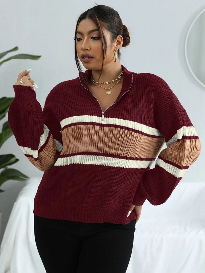 Colorblock Half Zip Drop Shoulder Sweater