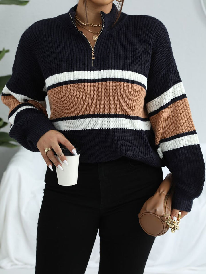 Colorblock Half Zip Drop Shoulder Sweater