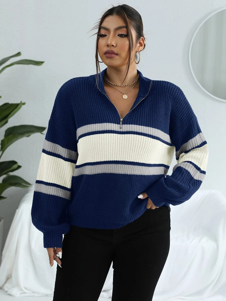 Colorblock Half Zip Drop Shoulder Sweater