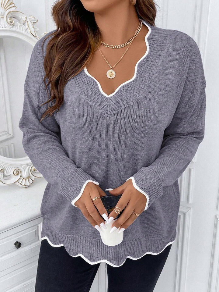 Contrast Binding Drop Shoulder Scallop Trim Sweater