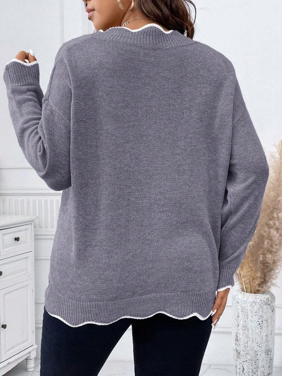 Contrast Binding Drop Shoulder Scallop Trim Sweater