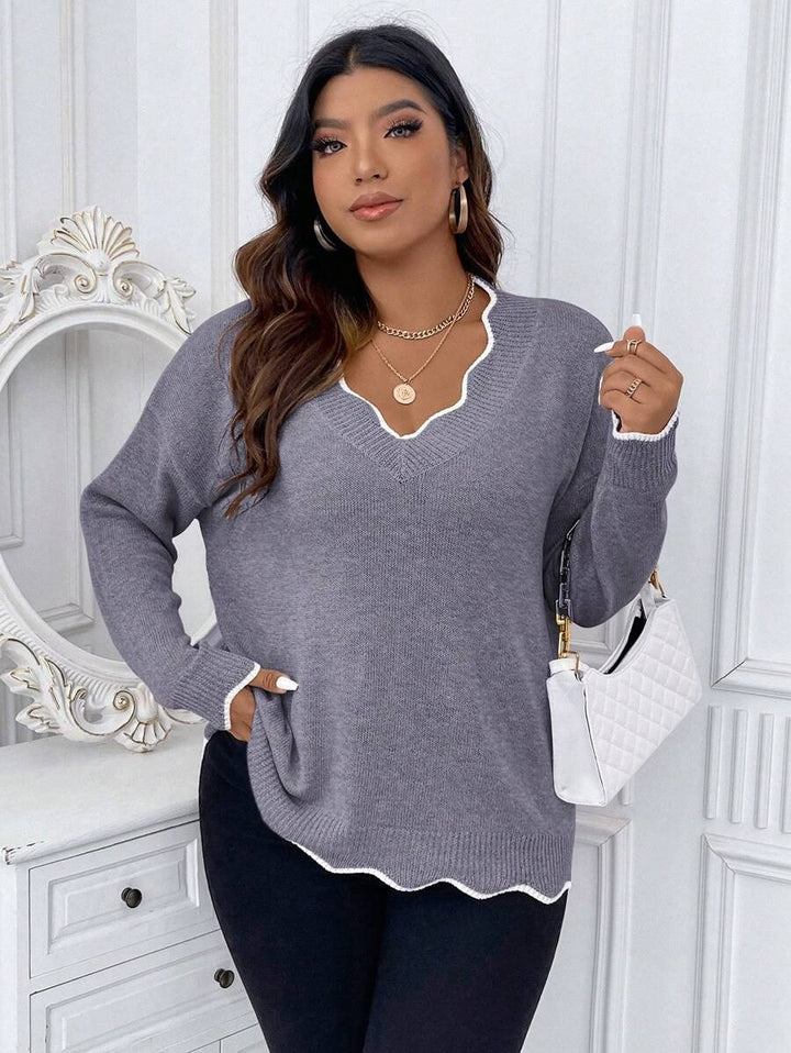 Contrast Binding Drop Shoulder Scallop Trim Sweater