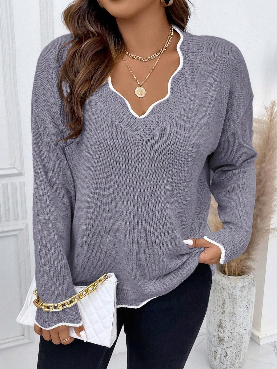 Contrast Binding Drop Shoulder Scallop Trim Sweater