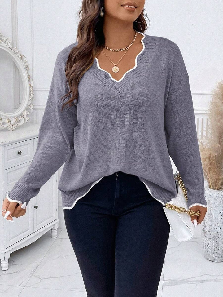 Contrast Binding Drop Shoulder Scallop Trim Sweater