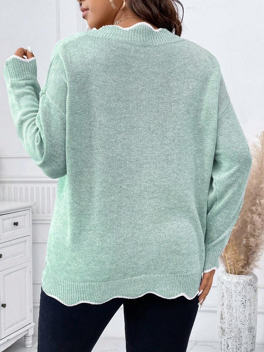Contrast Binding Drop Shoulder Scallop Trim Sweater