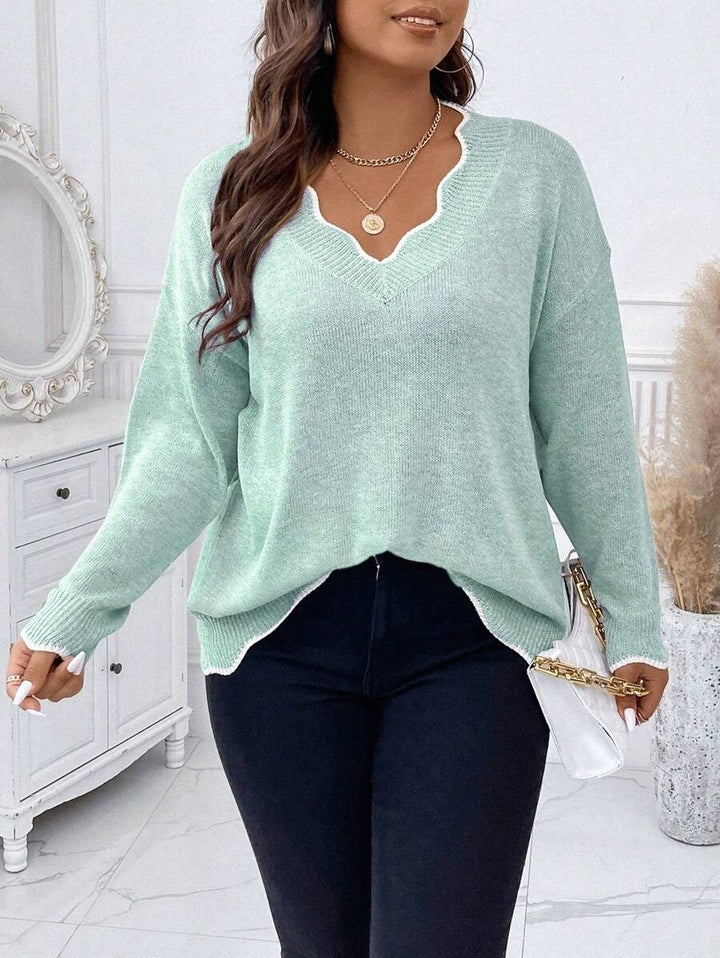 Contrast Binding Drop Shoulder Scallop Trim Sweater