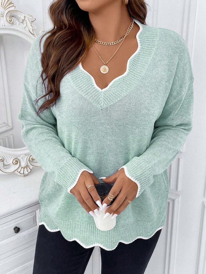 Contrast Binding Drop Shoulder Scallop Trim Sweater