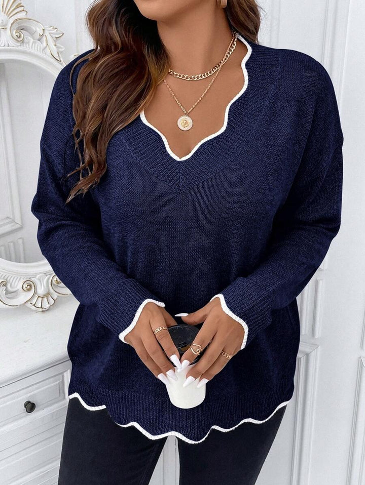 Contrast Binding Drop Shoulder Scallop Trim Sweater