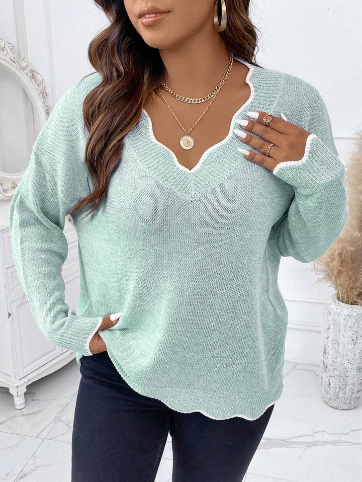 Contrast Binding Drop Shoulder Scallop Trim Sweater