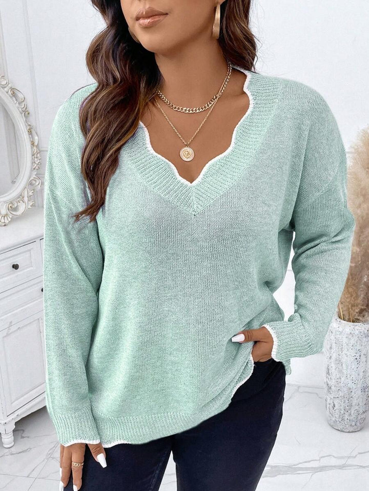 Contrast Binding Drop Shoulder Scallop Trim Sweater