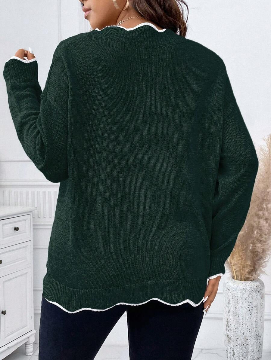 Contrast Binding Drop Shoulder Scallop Trim Sweater
