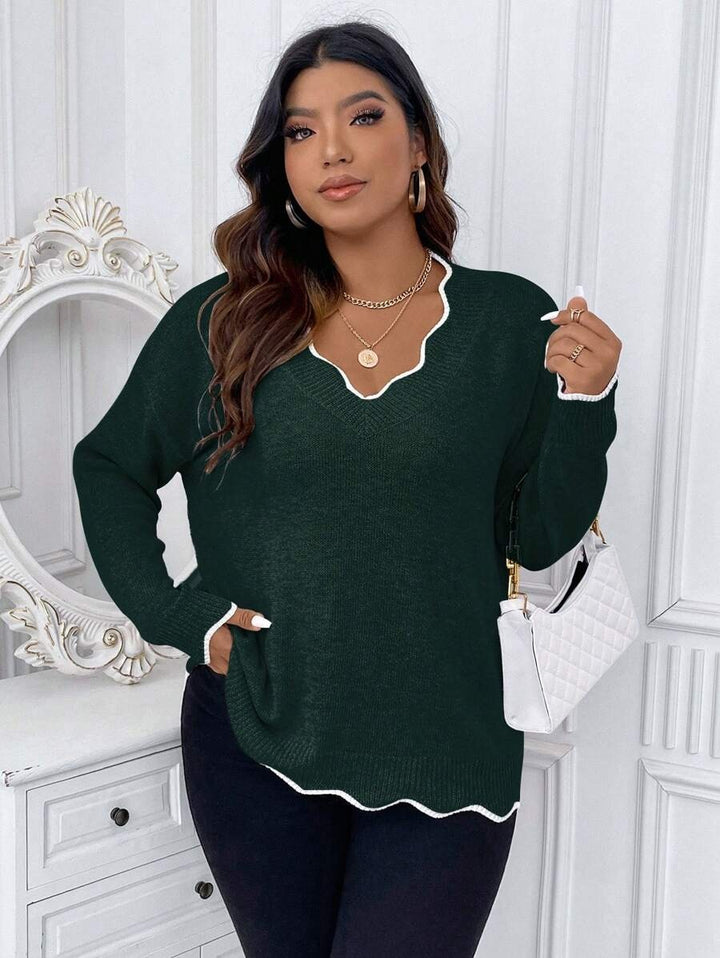 Contrast Binding Drop Shoulder Scallop Trim Sweater