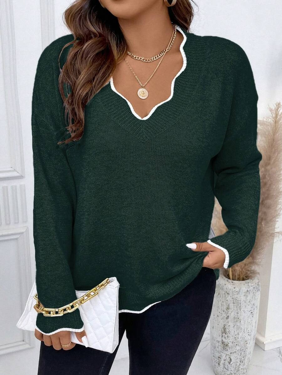 Contrast Binding Drop Shoulder Scallop Trim Sweater