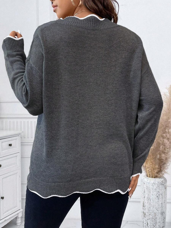 Contrast Binding Drop Shoulder Scallop Trim Sweater