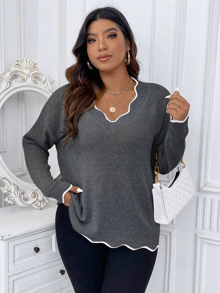 Contrast Binding Drop Shoulder Scallop Trim Sweater