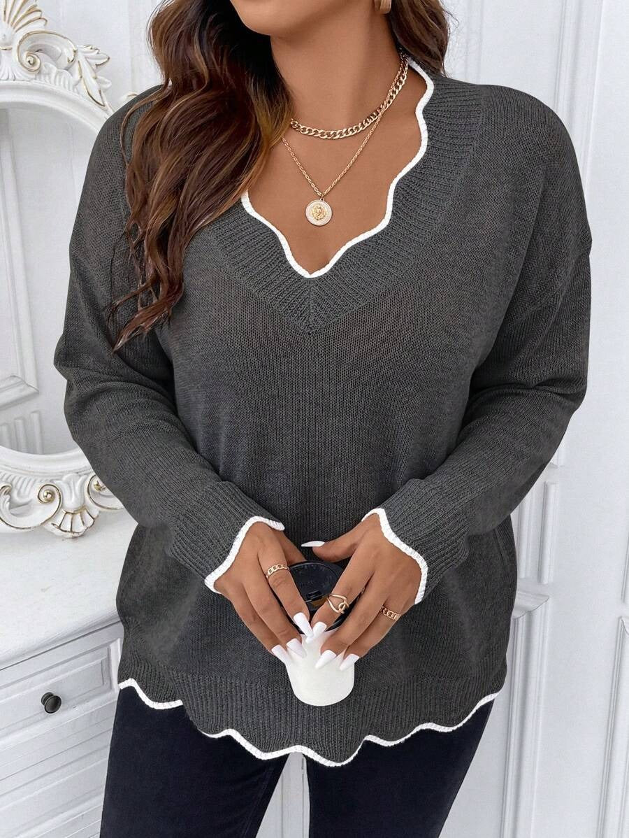 Contrast Binding Drop Shoulder Scallop Trim Sweater