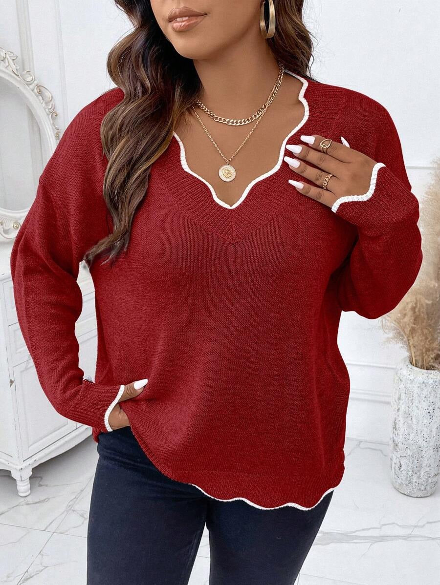 Contrast Binding Drop Shoulder Scallop Trim Sweater