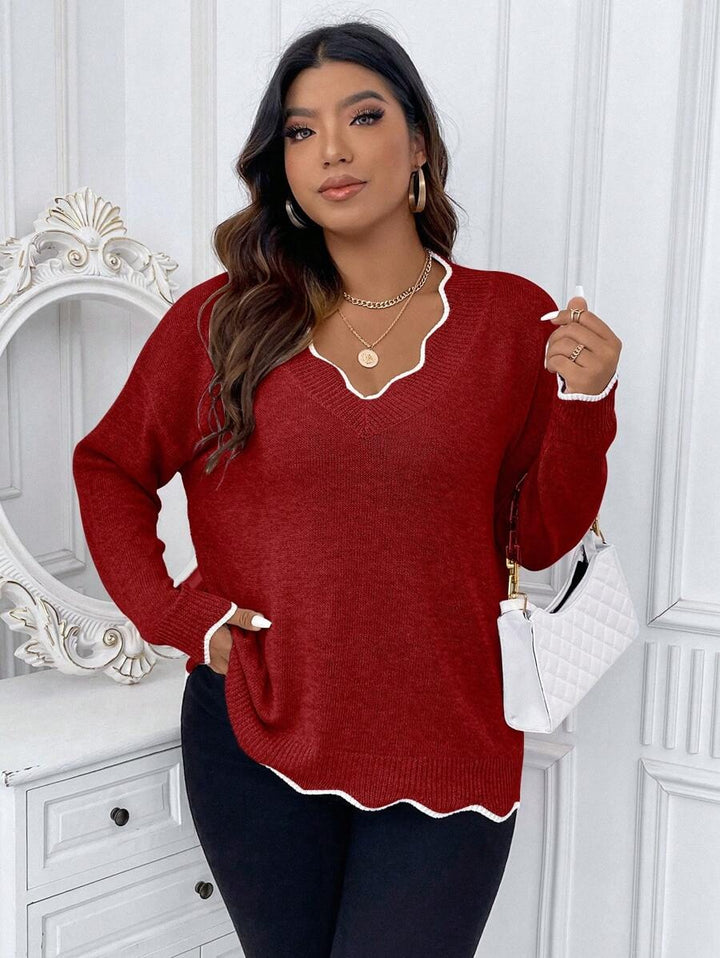 Contrast Binding Drop Shoulder Scallop Trim Sweater