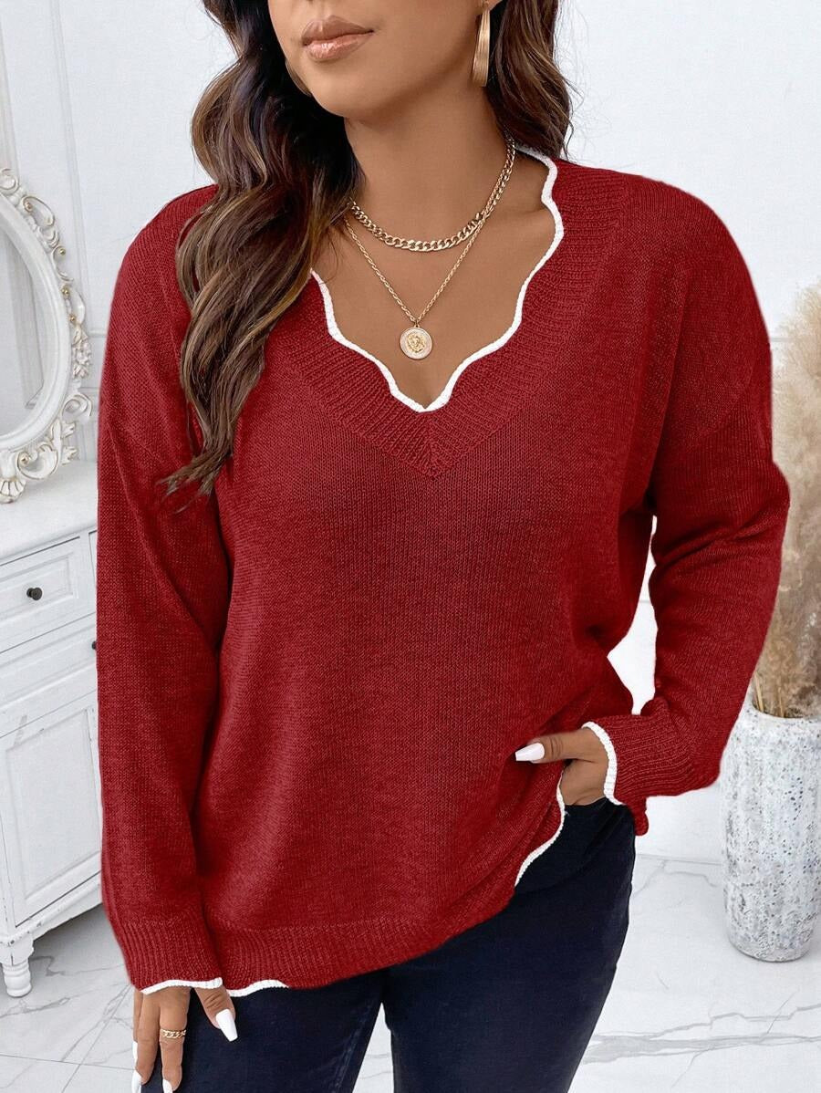 Contrast Binding Drop Shoulder Scallop Trim Sweater