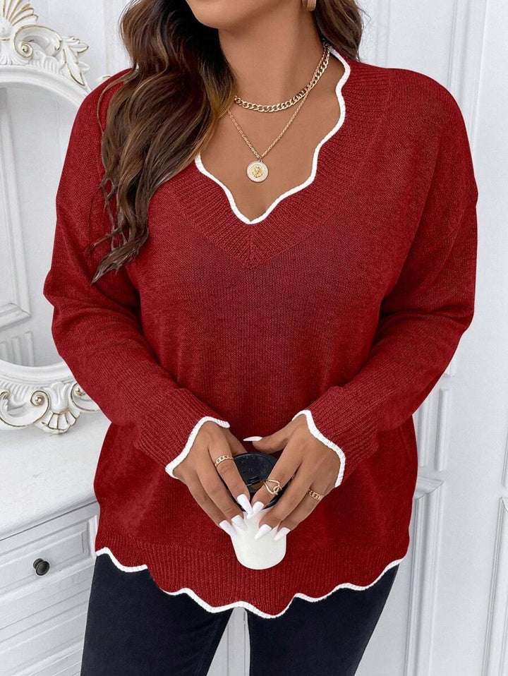 Contrast Binding Drop Shoulder Scallop Trim Sweater