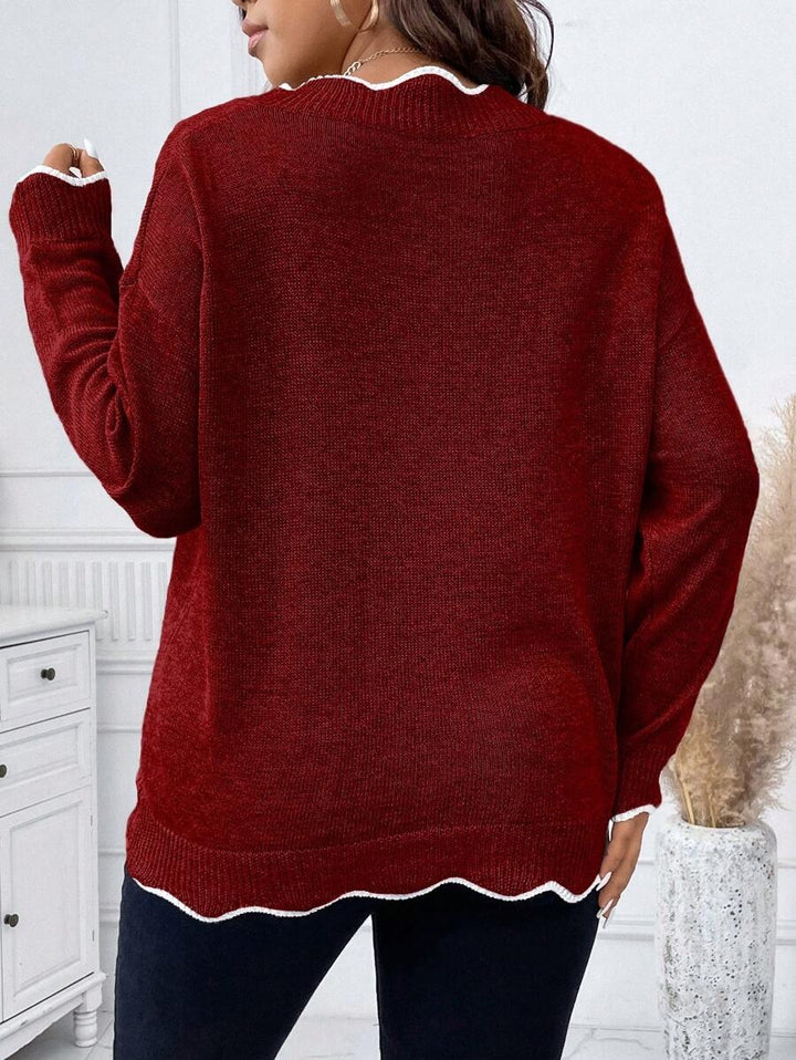 Contrast Binding Drop Shoulder Scallop Trim Sweater