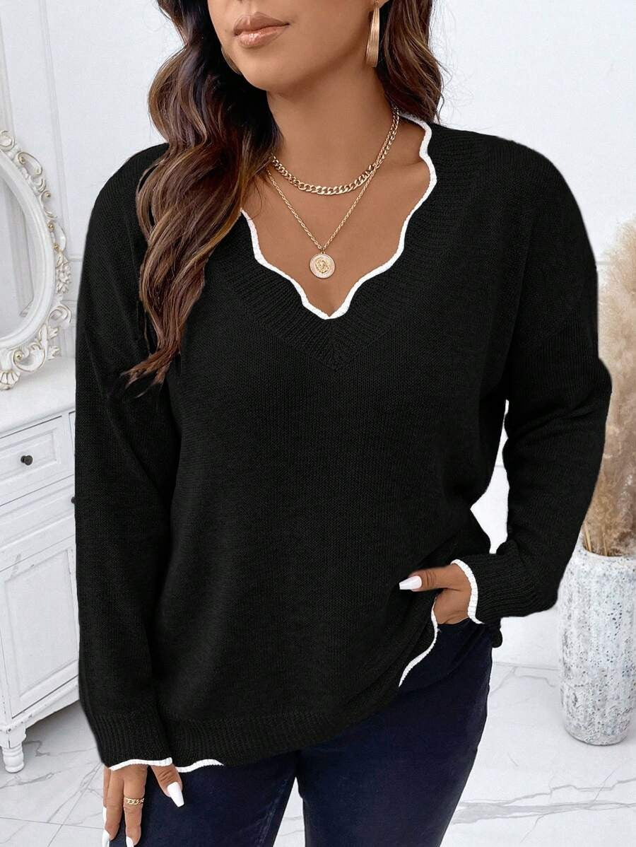 Contrast Binding Drop Shoulder Scallop Trim Sweater