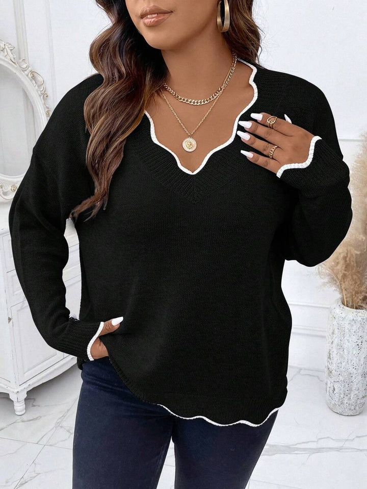 Contrast Binding Drop Shoulder Scallop Trim Sweater