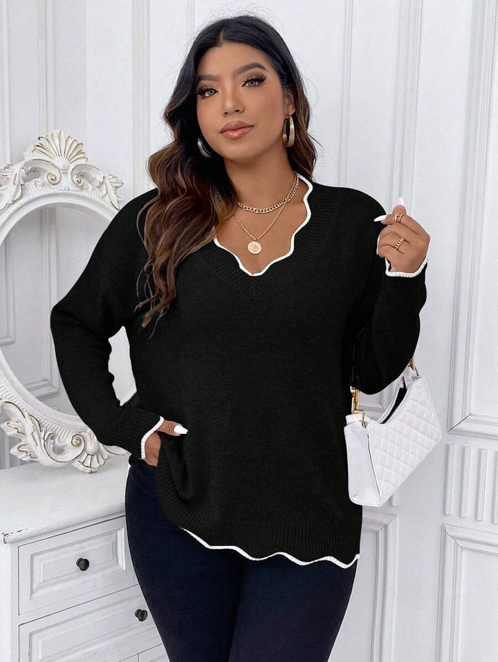 Contrast Binding Drop Shoulder Scallop Trim Sweater