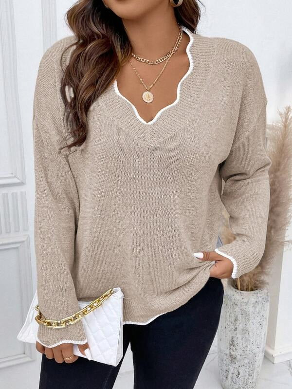 Contrast Binding Drop Shoulder Scallop Trim Sweater