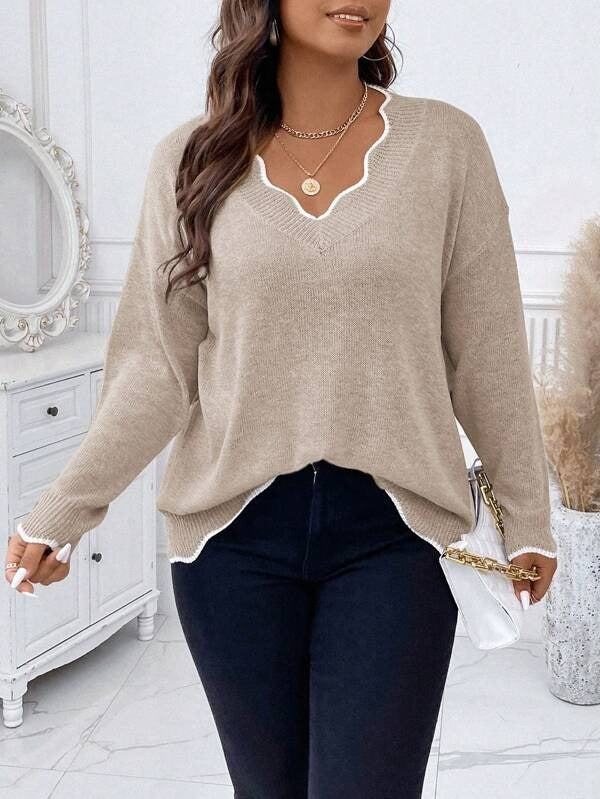 Contrast Binding Drop Shoulder Scallop Trim Sweater