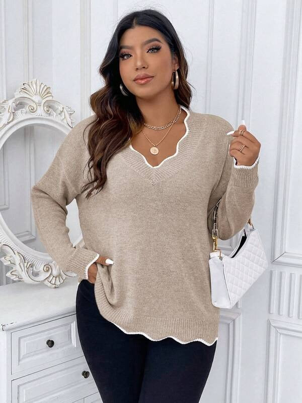 Contrast Binding Drop Shoulder Scallop Trim Sweater