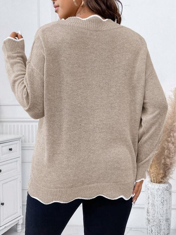 Contrast Binding Drop Shoulder Scallop Trim Sweater