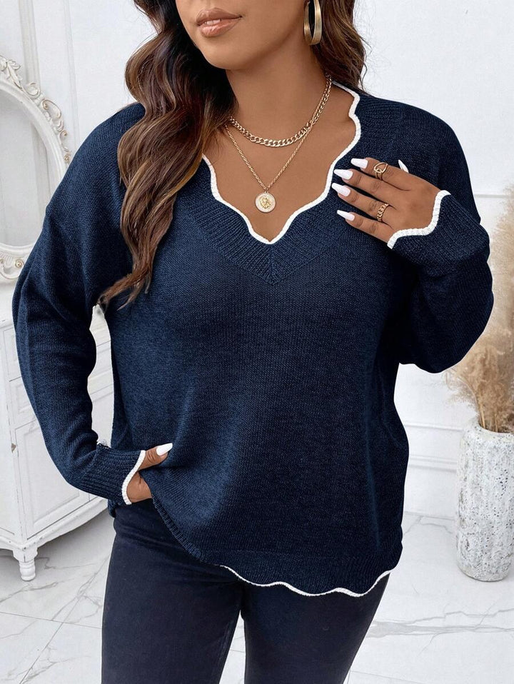 Contrast Binding Drop Shoulder Scallop Trim Sweater