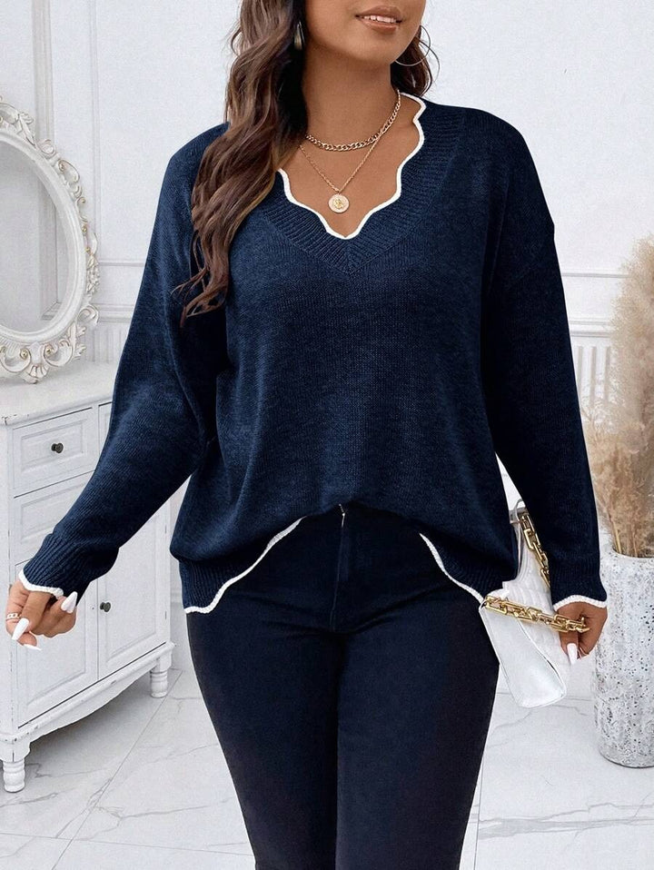 Contrast Binding Drop Shoulder Scallop Trim Sweater