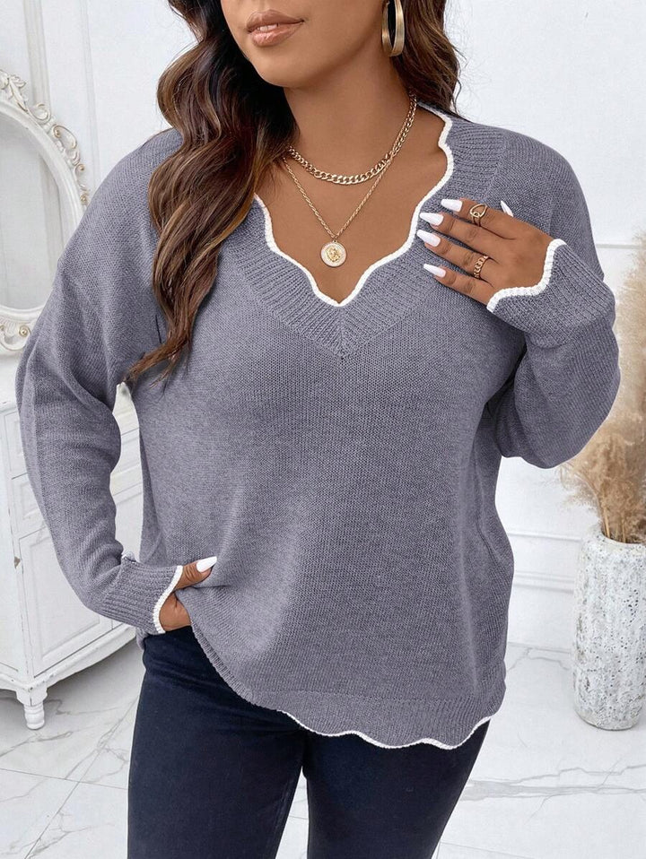 Contrast Binding Drop Shoulder Scallop Trim Sweater