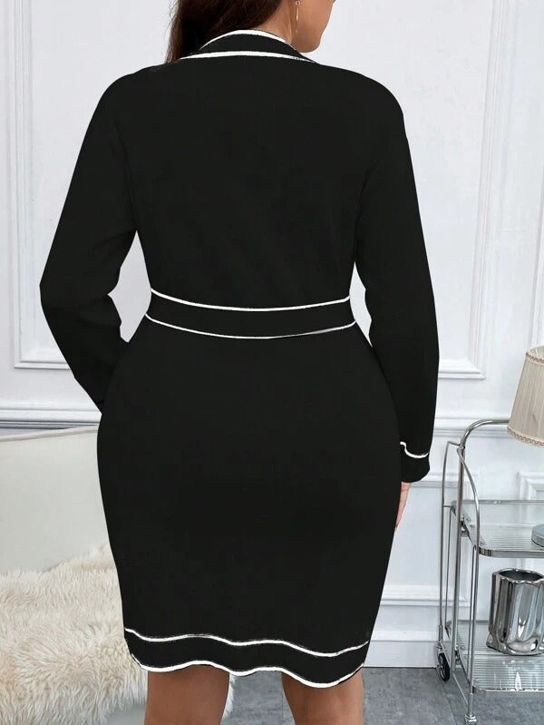 Contrast Trim Button Front Belted Sweater Dress