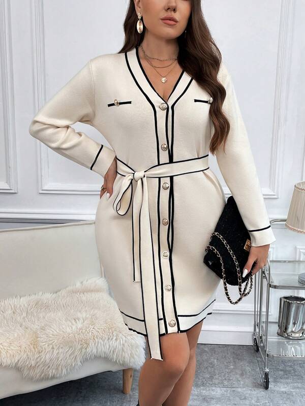 Contrast Trim Button Front Belted Sweater Dress