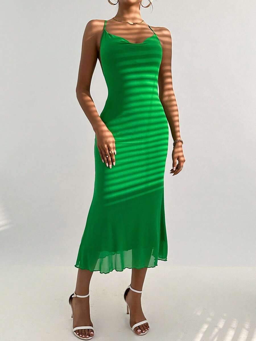 Barbie Draped Collar Lettuce Trim Mesh Cami Dress