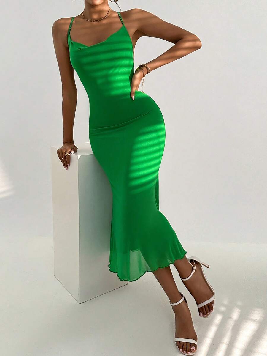 Barbie Draped Collar Lettuce Trim Mesh Cami Dress