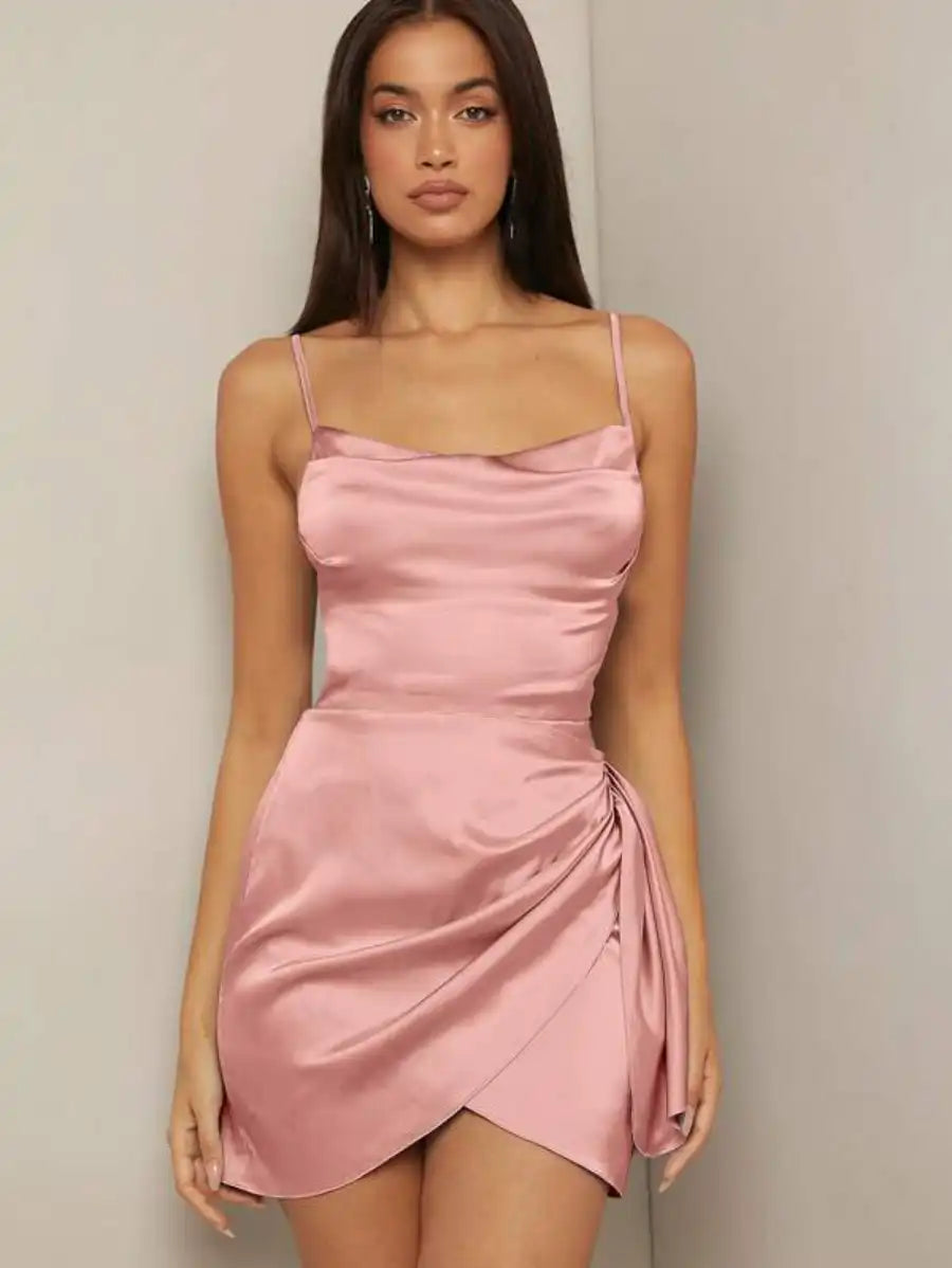 Barbie Draped Collar Wrap Satin Cami Dress