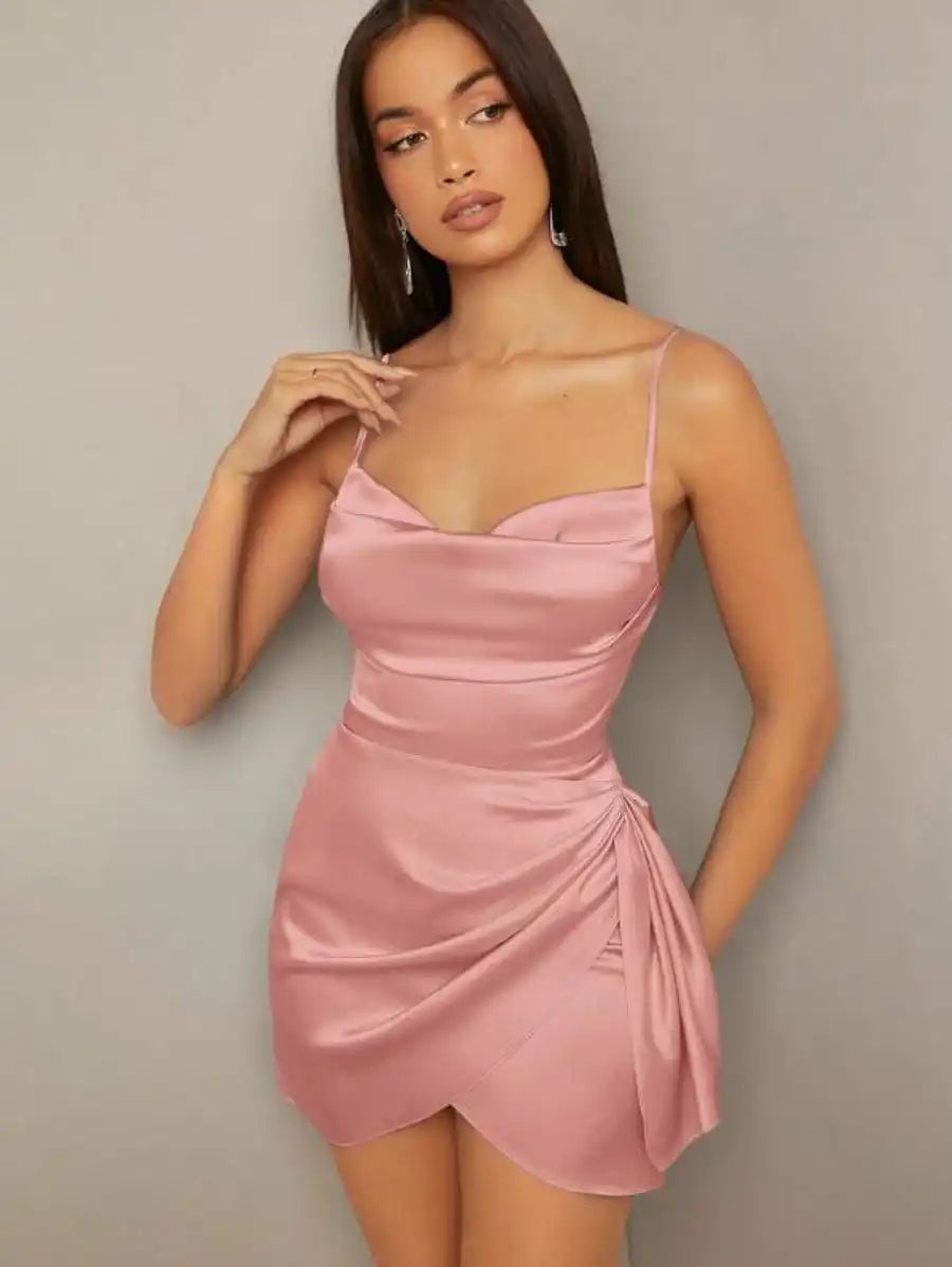 Barbie Draped Collar Wrap Satin Cami Dress