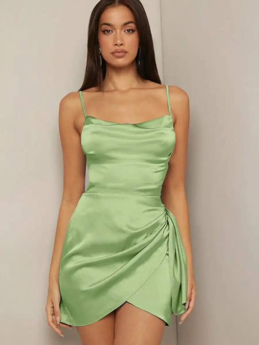 Barbie Draped Collar Wrap Satin Cami Dress