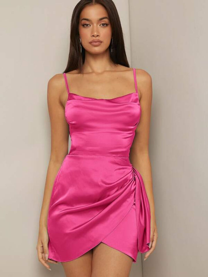 Barbie Draped Collar Wrap Satin Cami Dress