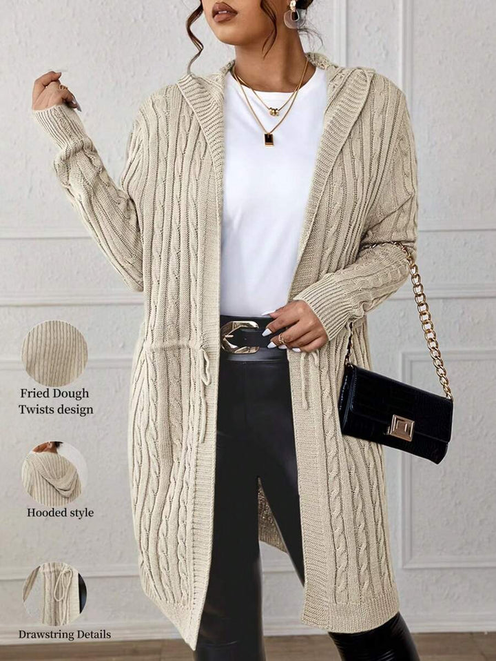 Drawstring Cable Knit Hooded Cardigan