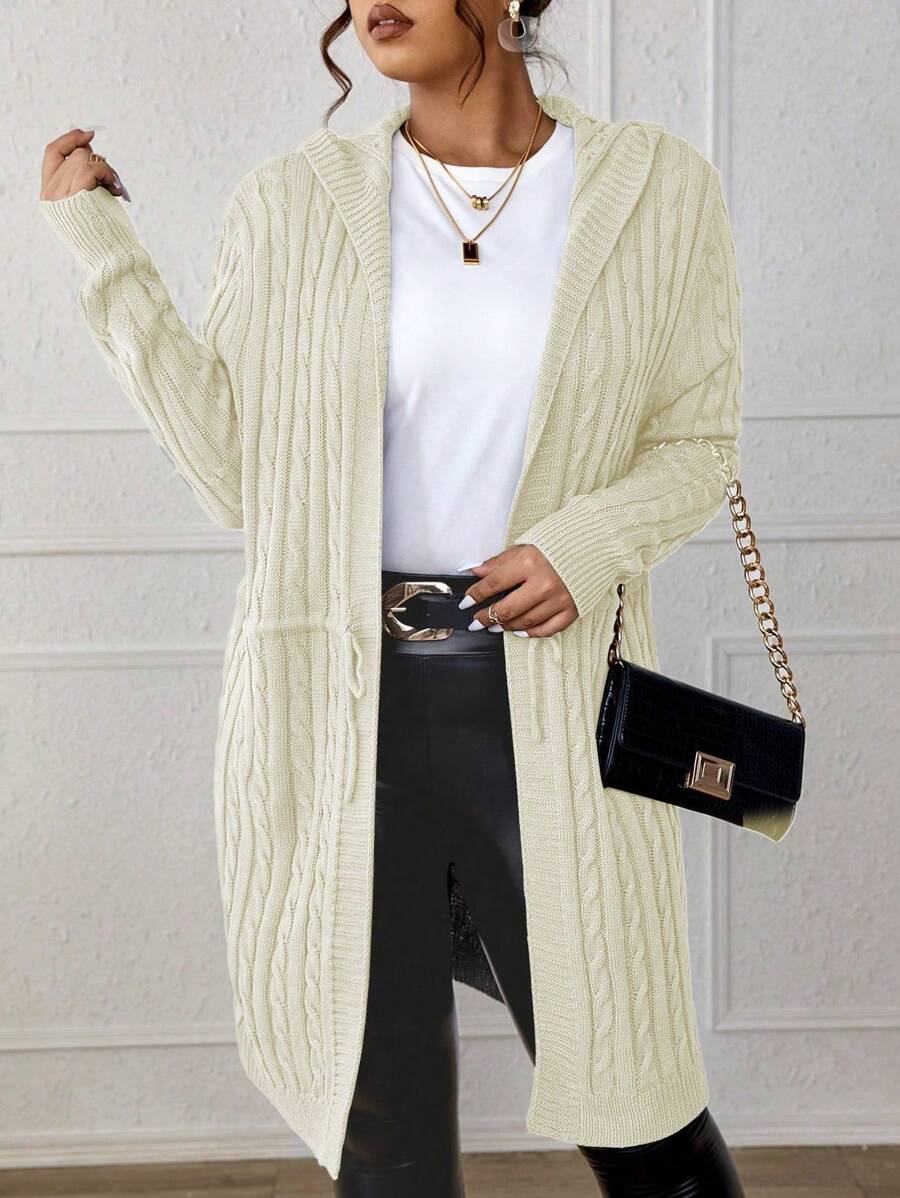 Drawstring Cable Knit Hooded Cardigan