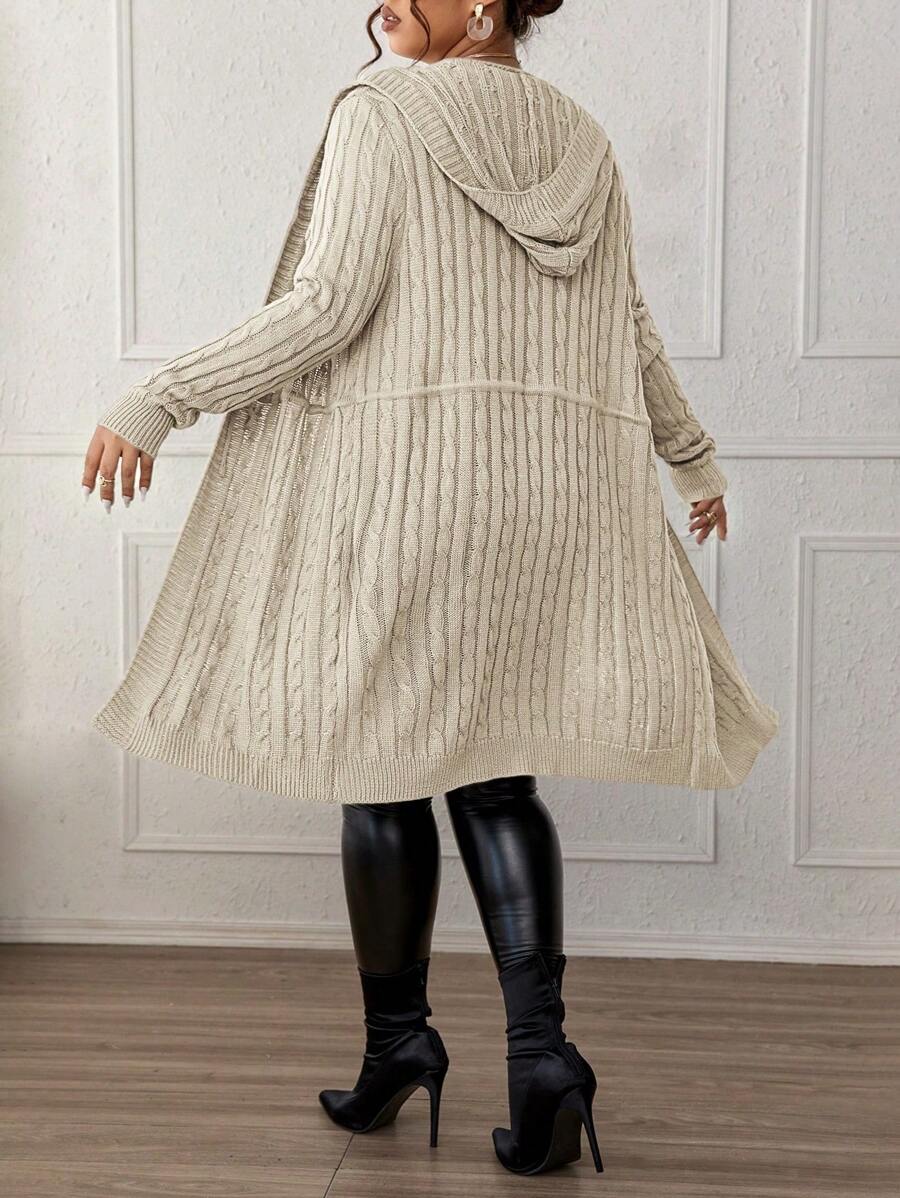 Drawstring Cable Knit Hooded Cardigan