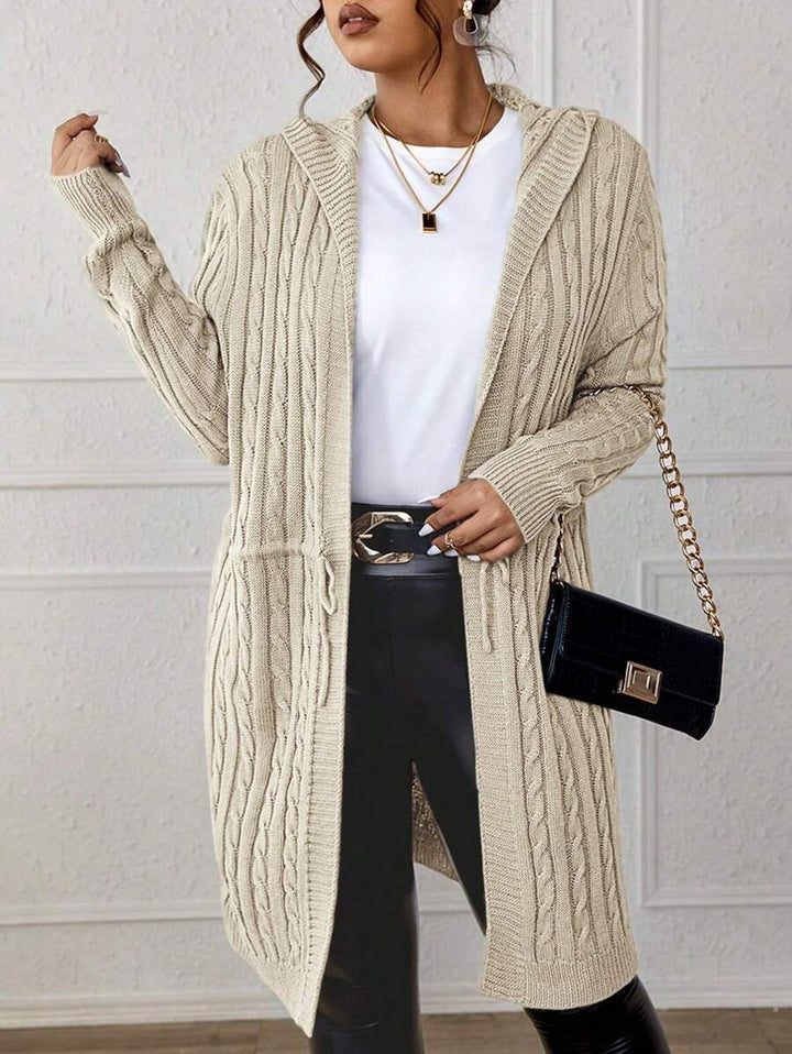 Drawstring Cable Knit Hooded Cardigan