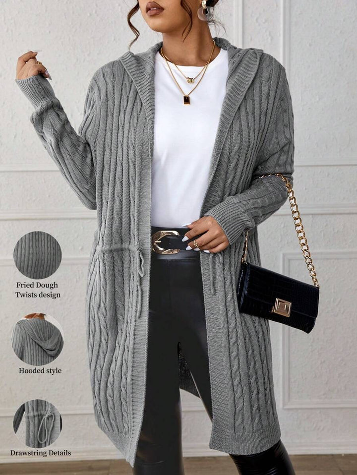 Drawstring Cable Knit Hooded Cardigan