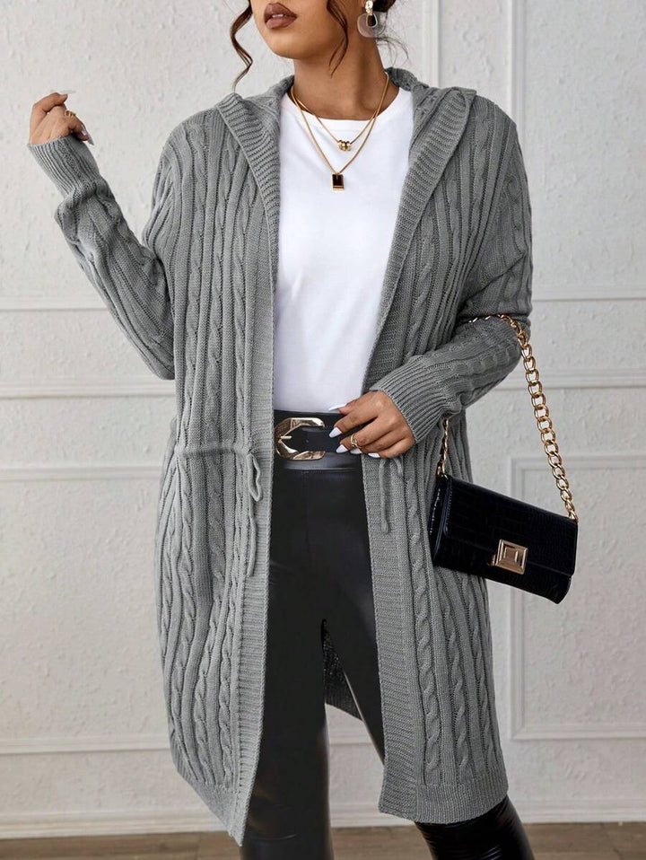 Drawstring Cable Knit Hooded Cardigan